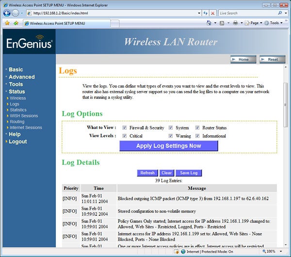 Screenshot of EnGenius router's log settings interface.