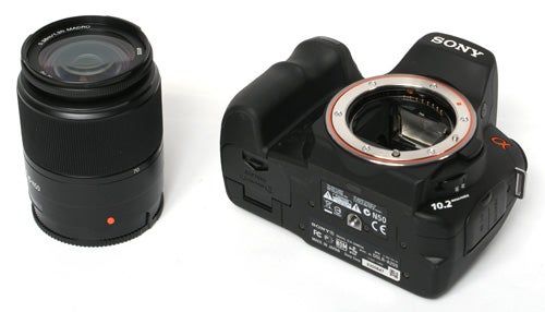 Sony Alpha A200 DSLR camera with detached lens.
