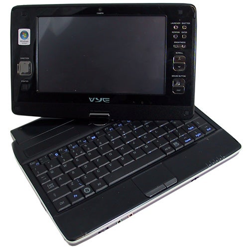 Vye mini-v S37B ultra-portable computer open on table.