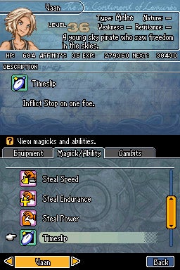 Screenshot of character Vaan's stats in Final Fantasy XII: Revenant Wings.