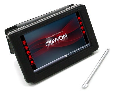Cowon Q5W portable multimedia player with stylus and case.