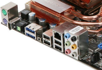 Close-up of MSI P7N SLI Platinum motherboard rear I/O ports.
