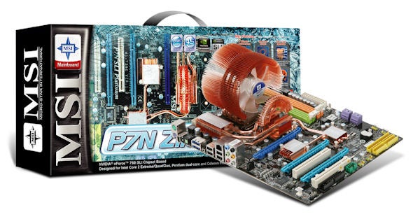 MSI P7N SLI Platinum motherboard with packaging.