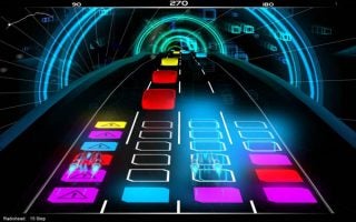 Screenshot of Audiosurf gameplay with colorful track and score display.