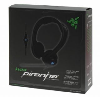 Razer Piranha Gaming Communicator packaging with headset displayed.
