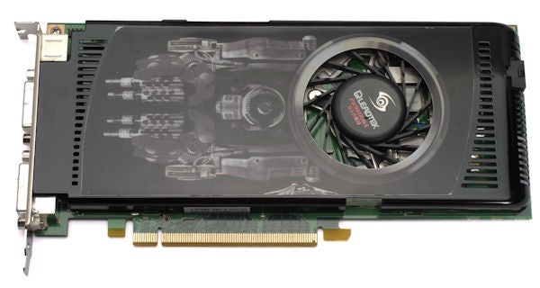 Nvidia GeForce 9600 GT graphics card with fan and heatsink.