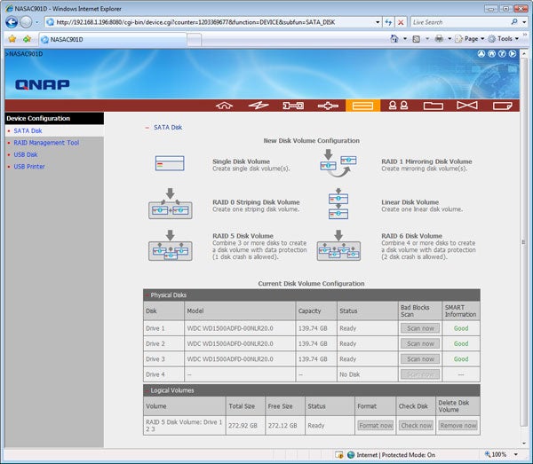 QNAP TS-409 NAS management interface with RAID configuration options.