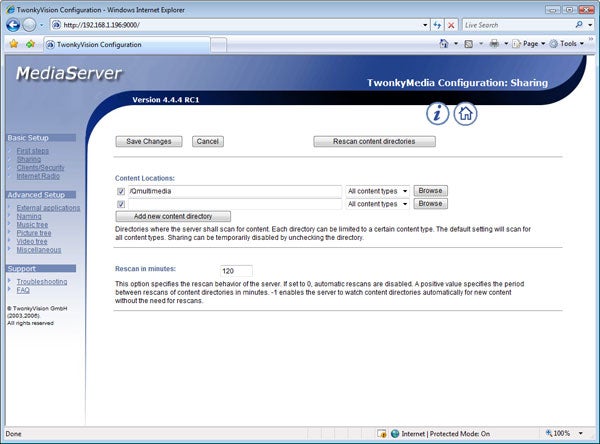 Screenshot of TwonkyMedia Server configuration on a web browser.