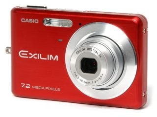 Red Casio Exilim EX-Z77 digital camera with lens closed.