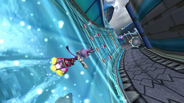 Character racing on a futuristic track in Sonic Riders: Zero Gravity game.