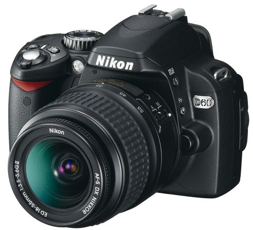 Nikon D60 Digital SLR camera with standard lens attached.