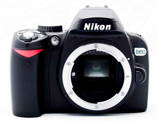 Nikon D60 DSLR camera without lens, front view.