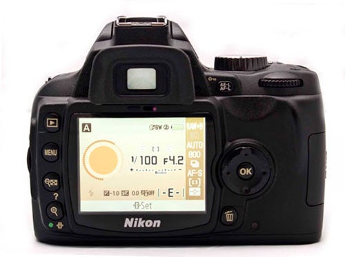 Nikon D60 Digital SLR camera rear view with display on.