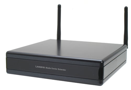 Linksys DMA 2100 Media Center Extender with two antennas.Linksys DMA 2100 Media Center Extender on white background.