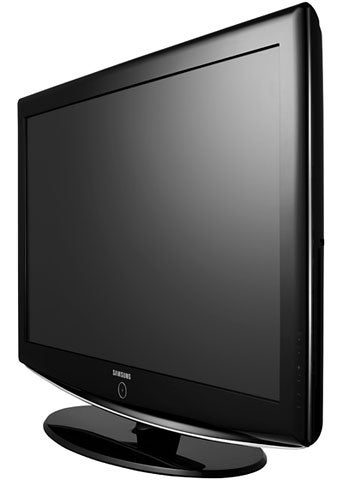 Samsung LE-37R87BD 37-inch LCD TV on a stand.Samsung LE-37R87BD 37-inch LCD TV on a black background.