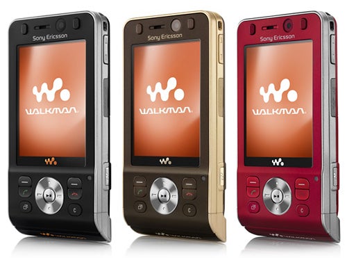 Sony Ericsson W910i phones in black, gold, and red colors.