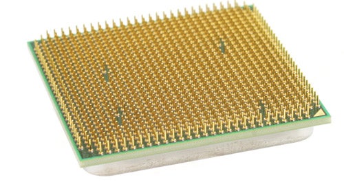 AMD Phenom 9600 Black Edition CPU underside pins view.AMD Phenom 9600 Black Edition CPU underside with pins.
