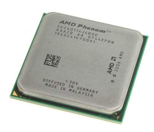 AMD Phenom 9600 Black Edition processor on white background.AMD Phenom 9600 Black Edition CPU without heatsink