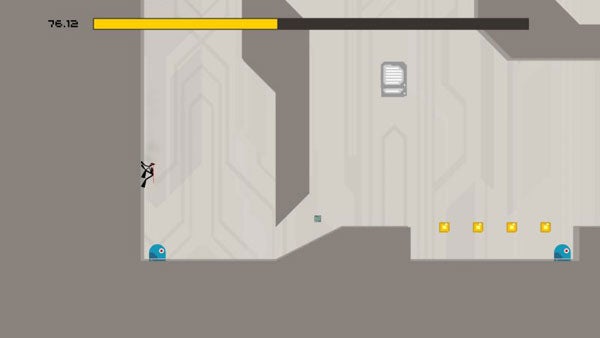 Screenshot of N+ game level with ninja character jumping.Screenshot of N+ gameplay with character and level obstacles.