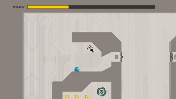 Screenshot of N+ game level with character collecting gold.Screenshot of gameplay from the platformer game N+.