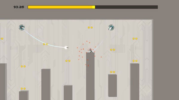 Screenshot of N+ game showing character mid-jump between platforms.Screenshot of N+ game level with character jumping between platforms.