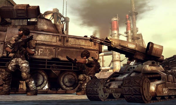 Soldiers and tank in Frontlines: Fuel of War video game scene.Screenshot of gameplay from Frontlines: Fuel of War.
