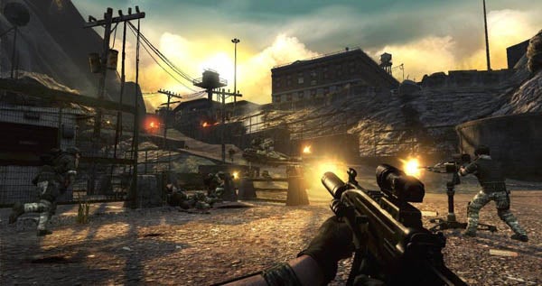 First-person shooter scene from Frontlines: Fuel of War video game.First-person shooter combat scene from Frontlines: Fuel of War.