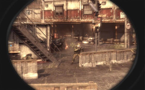First-person view in Frontlines: Fuel of War video game.Screenshot of Frontlines: Fuel of War gameplay through scope.