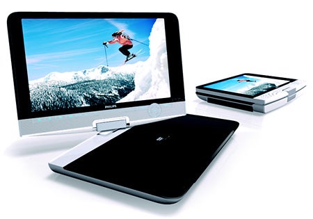 Philips PET1030 Portable DVD Player on white background.Philips PET1030 Portable DVD Player with open screen.