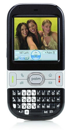 Palm Centro smartphone displaying photo of three smiling women.Palm Centro Smartphone displaying a photo on screen.