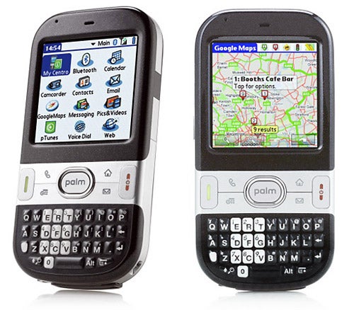 Two Palm Centro smartphones displaying main menu and Google Maps.Two Palm Centro smartphones showcasing different applications.