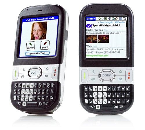 Palm Centro Smartphone with call screen and web browser displayed.
