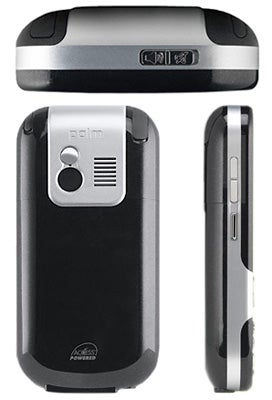 Palm Centro smartphone in black, front, back, and side views.Palm Centro smartphone from three different angles.