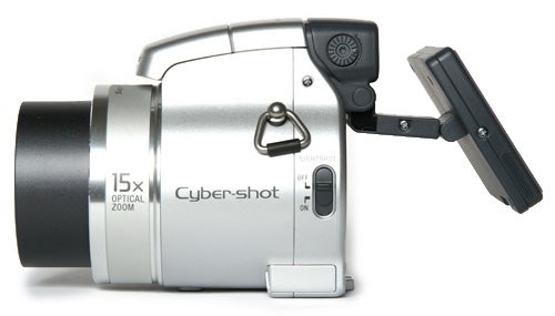 Sony Cyber-shot DSC-H9 camera with flip-out screen displayed.Sony Cyber-shot DSC-H9 camera with open LCD screen.