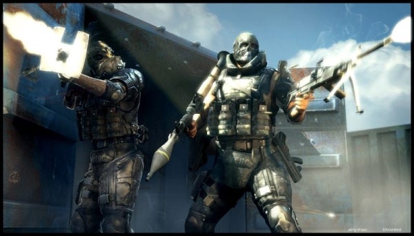 Two characters from Army of Two game engaging in combat.Two characters in action from the game Army of Two.
