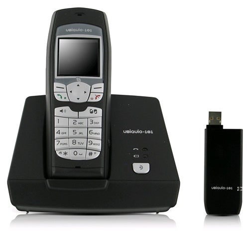 UBiQUiO 101 Skype phone with dock and USB adapter.