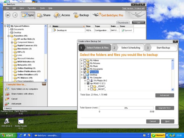 Screenshot of BeInSync Professional backup feature interface.Screenshot of BeInSync Professional's backup feature interface.
