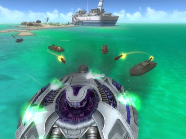 Screenshot from Destroy All Humans game showing UFO attacking boats.In-game screenshot of naval combat from Destroy All Humans.