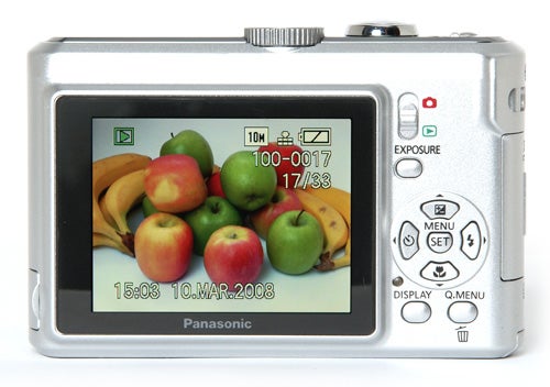Panasonic Lumix DMC-LZ10 camera displaying a fruit still life photo.Panasonic Lumix DMC-LZ10 camera displaying fruit photo on screen.