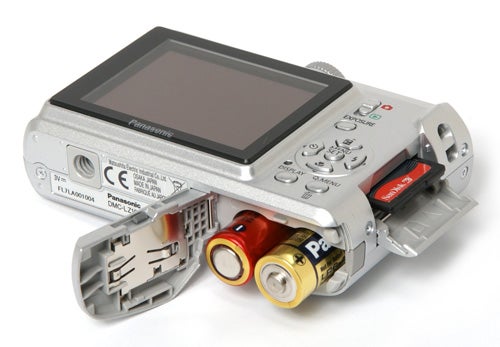 Panasonic Lumix DMC-LZ10 camera with open battery compartment.