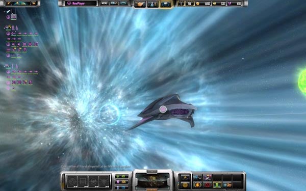 Screenshot of Sins of a Solar Empire gameplay featuring a spaceship.Spaceship approaching warp gate in Sins of a Solar Empire game.
