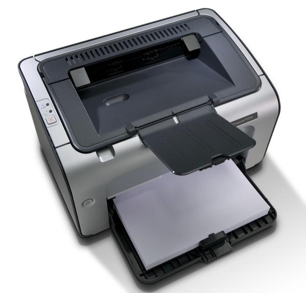 HP LaserJet P1006 printer with open input and output trays.