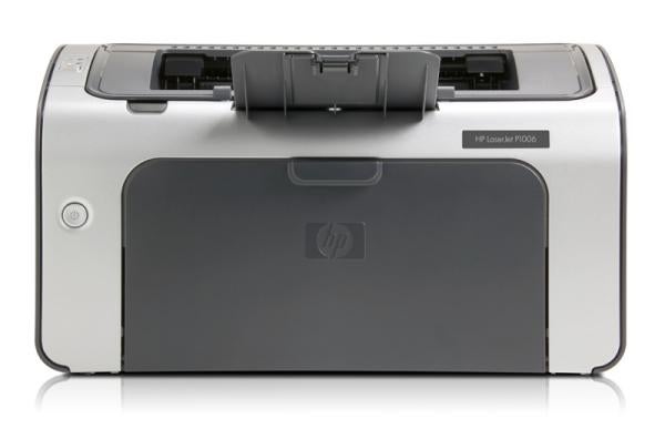HP LaserJet P1006 printer front view on white background.