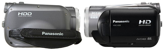 Panasonic HDC-HS9 camcorder with labeled HDD and 3CCD features.Panasonic HDC-HS9 camcorder with hard disk drive and HD label.