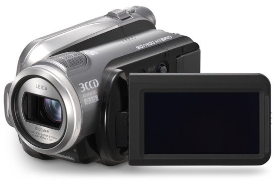 Panasonic HDC-HS9 camcorder with flip-out LCD screen.