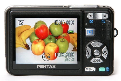Pentax Optio A40 camera displaying fruit on its screen.