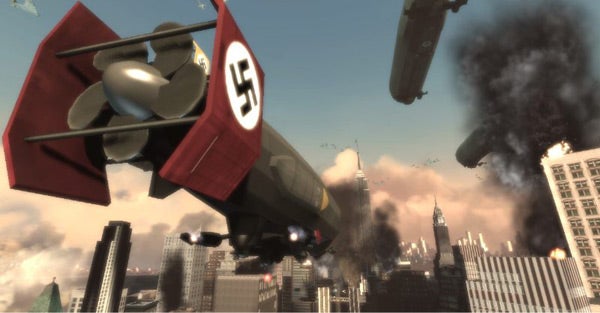 Screenshot from Screenshot from Turning Point: Fall of Liberty game showing aircraft and city skyline.