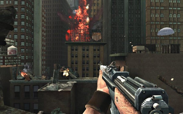 First-person view in 'Turning Point: Fall of Liberty' video game.First-person gameplay screenshot from Turning Point: Fall of Liberty.