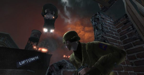 Screenshot from Screenshot from Turning Point: Fall of Liberty game showing soldier and explosion.