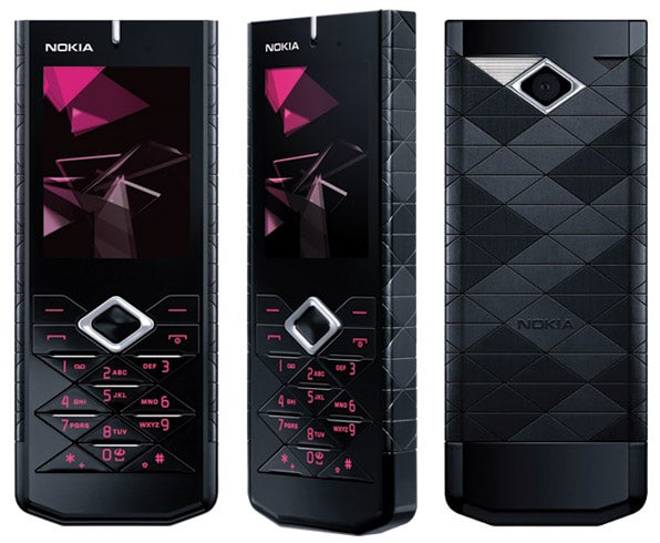 Nokia 7900 Prism phone with distinctive geometric design.Nokia 7900 Prism phone showing front, side, and rear views.